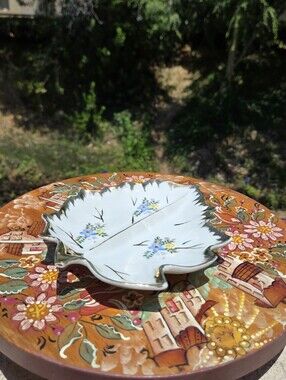 Vintage Porcelain Leaf Trinket Dish Floral Divided Candy Nut Tray Gold Trim Gilt